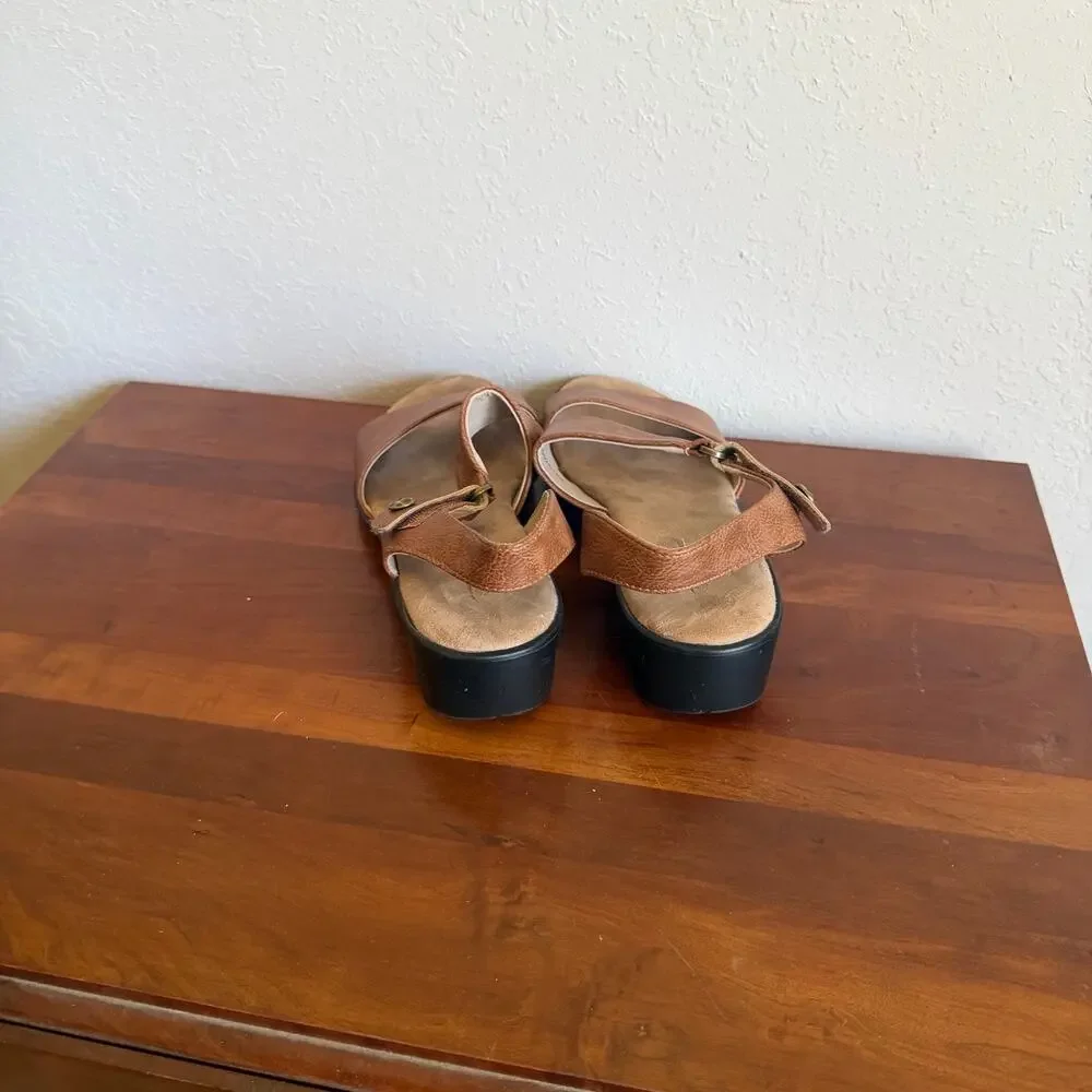 Shibever Brown Leather Low Wedge Heel Strappy Sandal Women 40 Comfortable Dressy